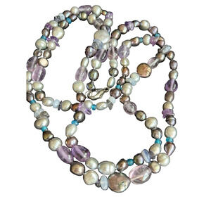 Large Long Cultured Pearls & Amethyst Beaded Necklace Blue Purple Tones 40" Long